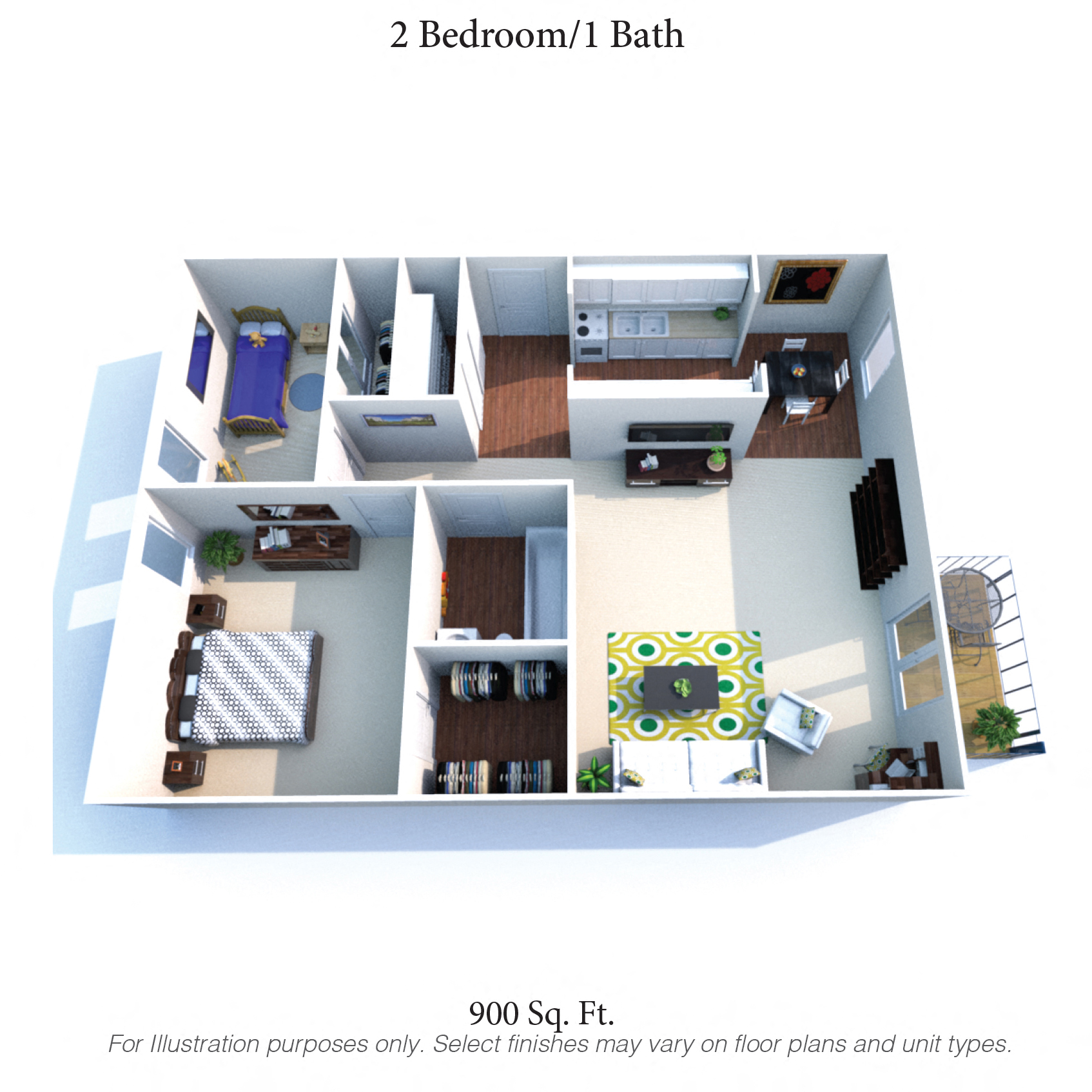 Floor plan for 2 beds, 1 bath, 900 sqft
